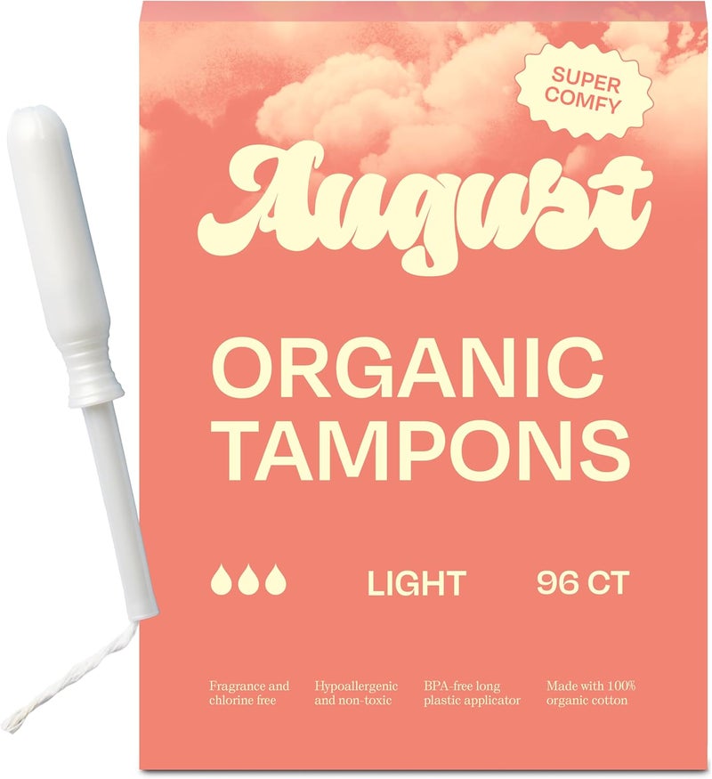 August Organic Cotton Tampons, 96 Light Tampons Made with Organic Cotton, Long Applicators, Non-Toxic, Fragrance-Free, Chlorine-Free, and Hypoallergenic (6 Boxes of 16/12 Boxes of 8) - Image 1